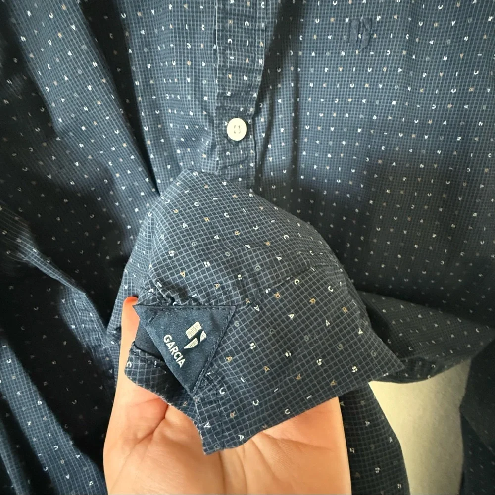 Garcia Men’s Button Up Shirt Large Blue Micro Print Stretch Cotton Slim Casual
